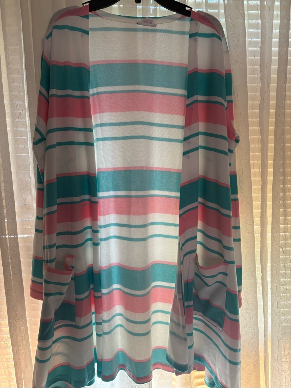 LuLaRoe Striped Open Cardigan in White, Teal & Pink
